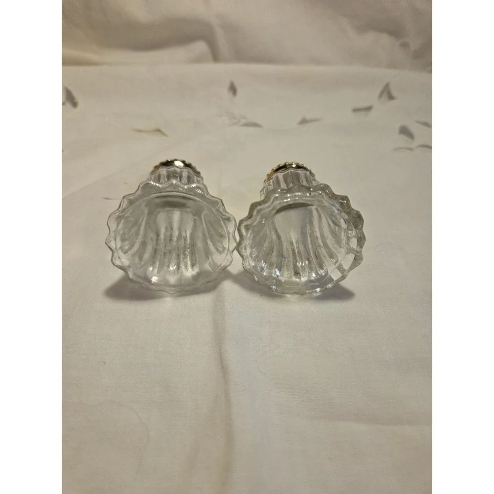 Vintage Salt And Pepper Shaker Set Pressed Glass And Gold Plated Tops